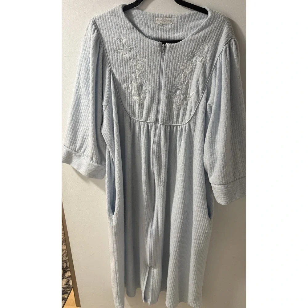MISS‎ ELAINE Embroidered Blue Long Fleece Puff 3/4 Sleeve Bathrobe Full Zip XL